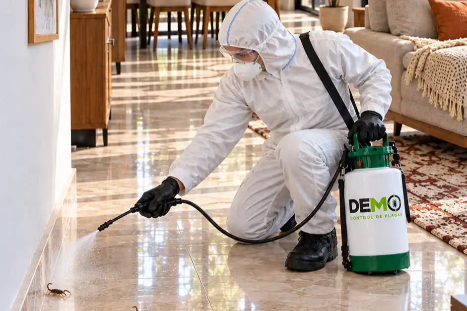 Técnico con traje de protección blanco aplicando junto al zoclo, con un alacrán en el piso