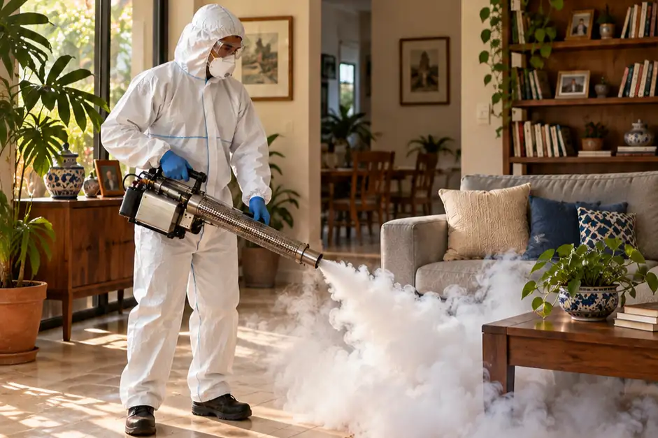 Técnico con traje de protección blanco aplicando termonebulización en una sala
